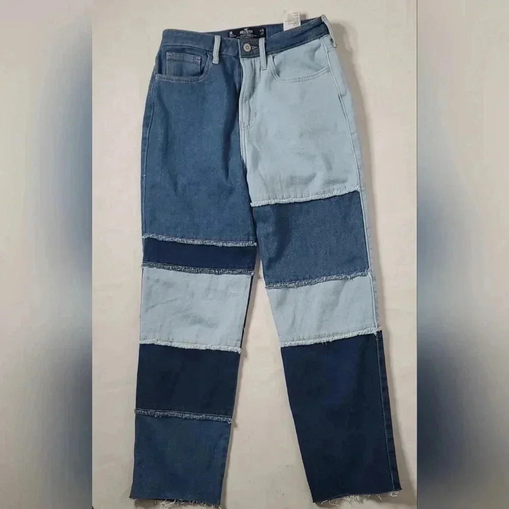 Hollister Patchwork High Rise Straight leg Mom& Dad y2k Jeans Sz 26W 27L Raw Hem